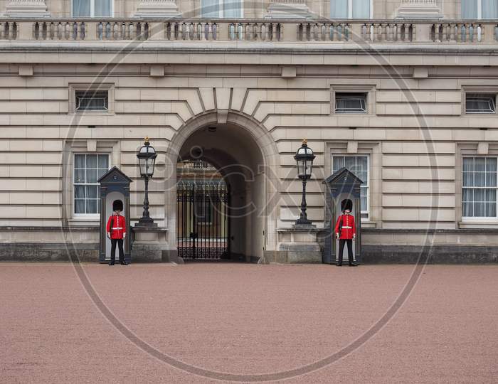 London, Uk - Circa June 2017: The Guard At Buckingham Palace Royal Palace