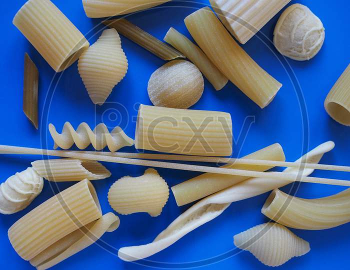 Traditional Italian Pasta, Blue Background