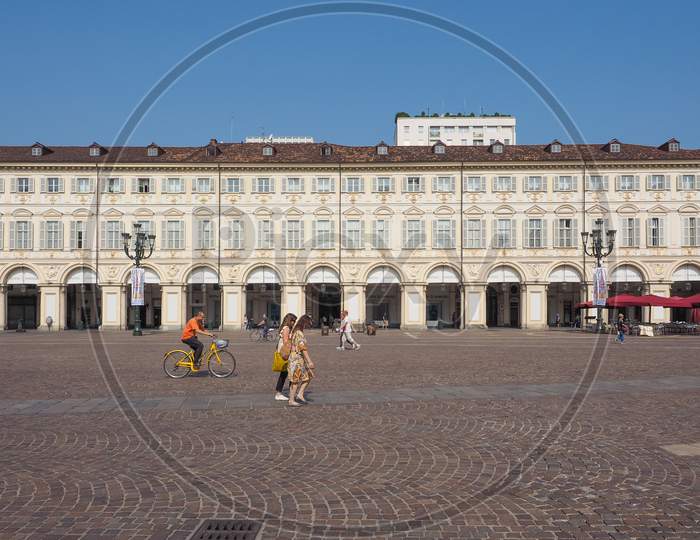Turin, Italy - August 05, 2015: Tourists In Piazza San Carlo Square