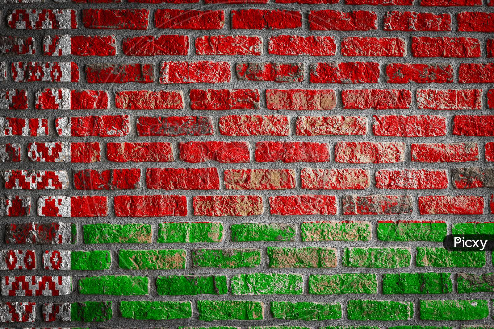 National Flag Of Belarus
 Depicting In Paint Colors On An Old Brick Wall. Flag  Banner On Brick Wall Background.