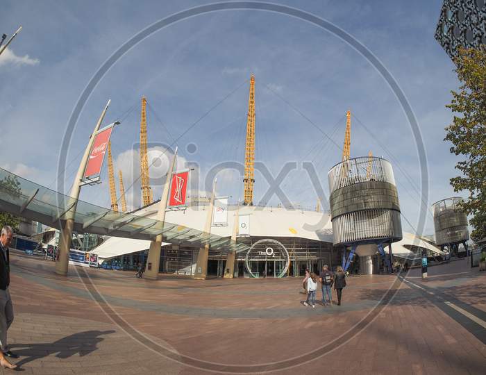 London, Uk - September 29, 2015: The Millennium Dome Built In Celebration Of The Third Millennium In Year 2000 Now Houses The O2 Arena Music Hall Seen With Fisheye Lens