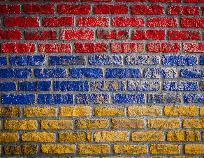 National Flag Of Armenia
 Depicting In Paint Colors On An Old Brick Wall. Flag  Banner On Brick Wall Background.