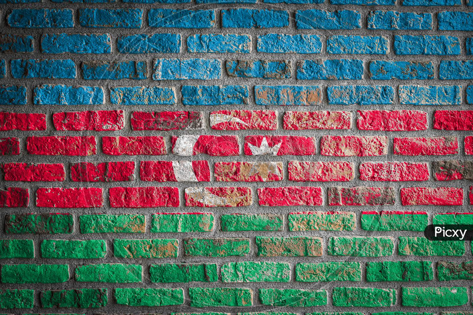 National Flag Of Azerbaijan
 Depicting In Paint Colors On An Old Brick Wall. Flag  Banner On Brick Wall Background.