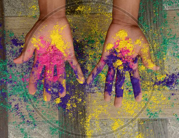 Colorful Hands With Color Concept Mental Health Awareness On The Green, Yellow, Brown Background.