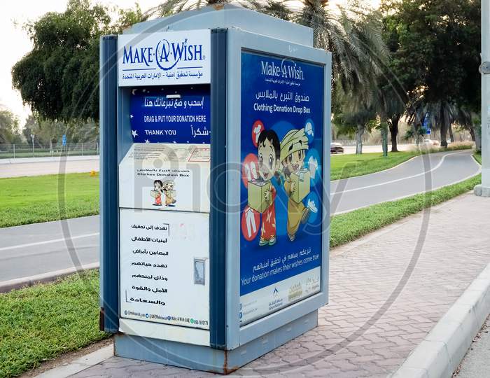 Abu Dhabi 03-04-2021, Make A Wish Cloth Donation Box, Clothing Donation Drop Box Dubai - United Arab Emirates