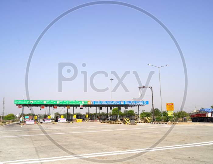 Aerial Image Closed Highway Toll Plaza And Speed Limit, View Of Automatic Paying Lanes, Non-Stop.
