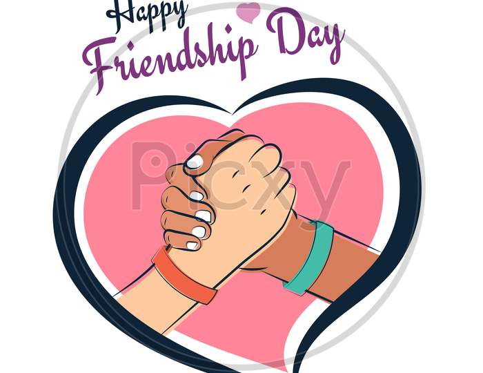 Happy Friendship Day, Shake Hands With Love And Heart Illustration Poster, Vector