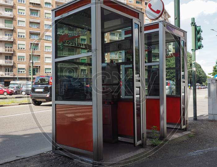 Turin, Italy - Circa May 2019: Vintage Telecom Red Phone Boxes