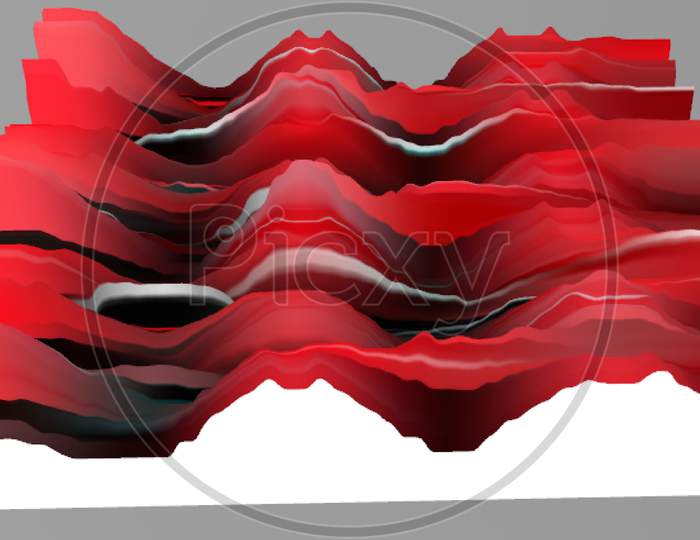 3D rock model projection. Rendering abstract illustration.  Geography concept. Wavy backdrop.  Red rock wavey layered Valleys and mountains surface texture.