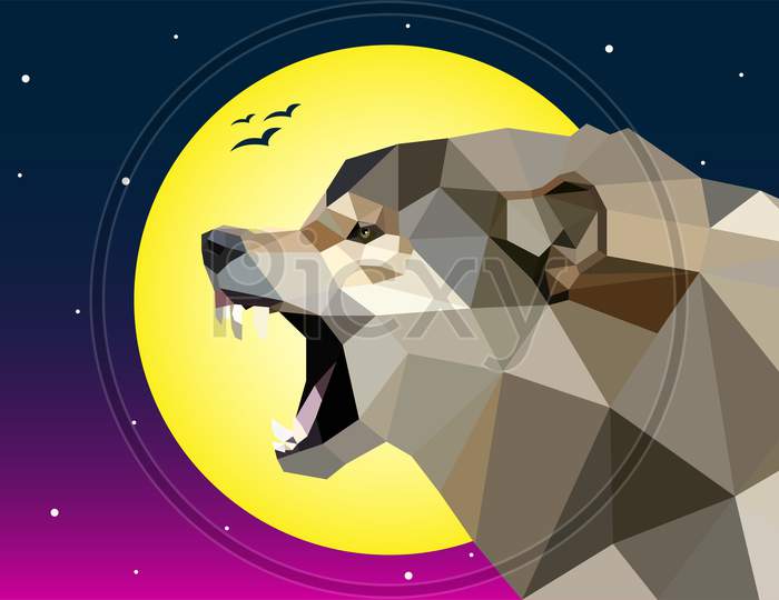 Low Poly Wolf Art, Animal Low Poly Illustration Background With Moon And Night Sky, Vector