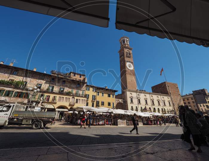 Verona, Italy - Circa March 2019: Piazza Delle Erbe (Meaning Market Square)