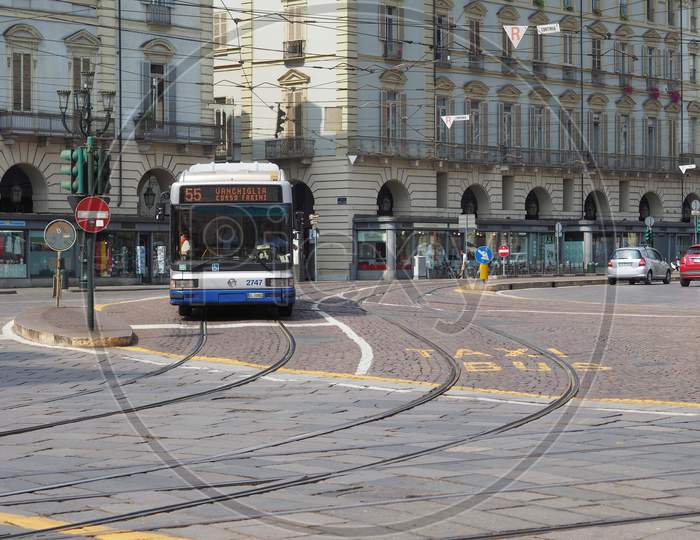 Turin, Italy - Circa July 2017: Bus Public Transport In Piazza Castello Square