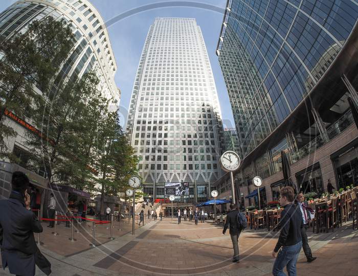 London, Uk - September 29, 2015: The Canary Wharf Business Centre Is The Largest Business District In The United Kingdom Seen With Fisheye Lens