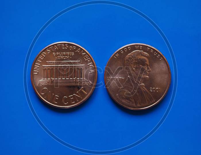 One Dollar Cent (Usd) Coin, United States (Usa) Over Blue