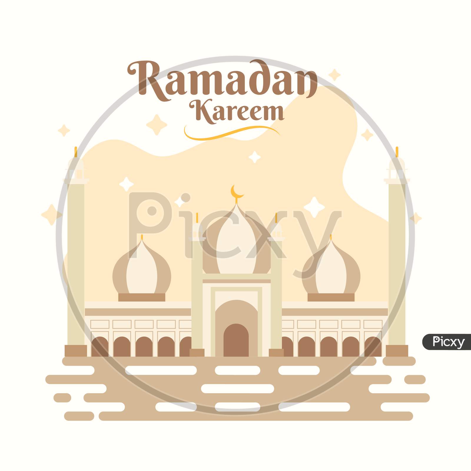 Ramadan Kareem Greeting Poster, Mosque Scenery Illustration Vector