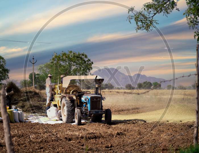 Delhi, India - Circa 2021 : Farmers In Traditional Clothes Loading Grain Into A Tractor Where It Is Seperated From The Husk And The Husk Is Blown Out From The Side And The Grain Collected For Selling