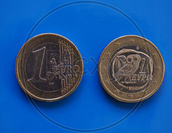 1 Euro Coin, European Union, Greece Over Blue