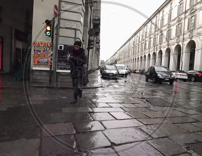 Turin, Italy - Circa November 2018: Rainy Day In Via Po