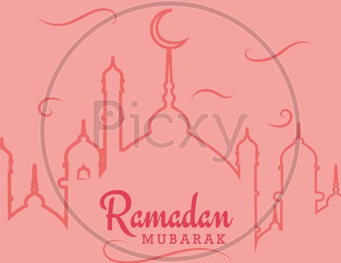 Ramadan Mubarak Poster With Mosque Outline, Vector