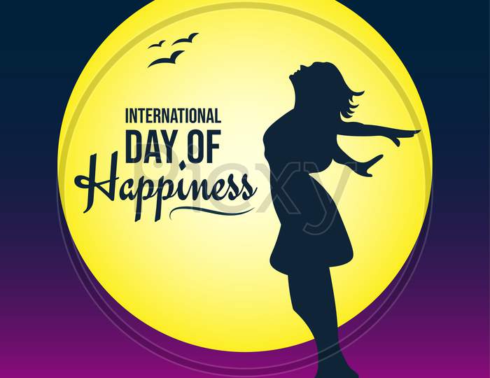 International Day Of Happiness, 20 March, Happy Girl, Women Jumping In Joy Silhouette, Vector Illustration