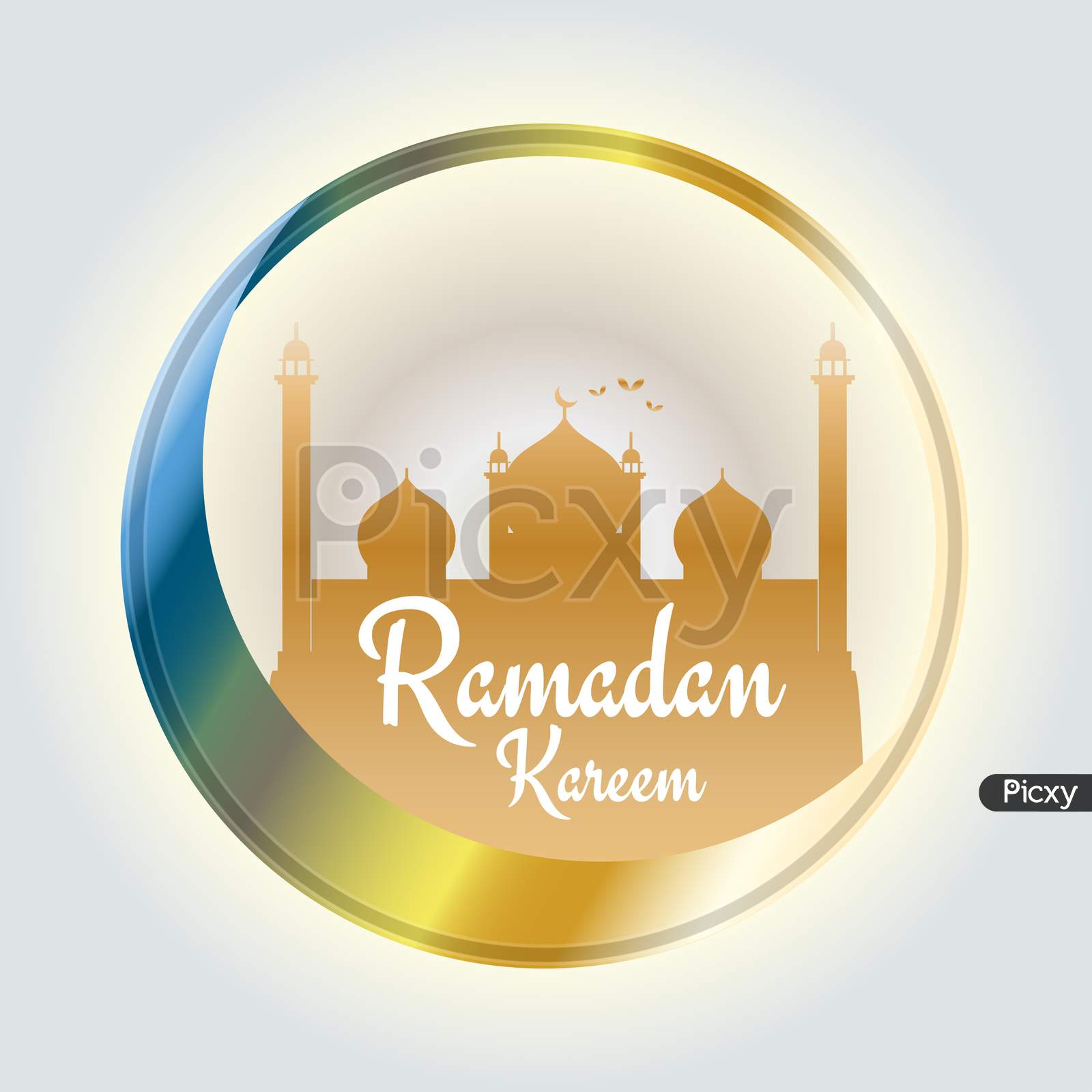 Ramadan Kareem Greeting Poster Template With Crescent Moon And Mosque Illustration, Vector