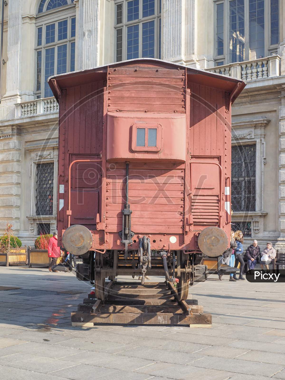 Turin, Italy - February 19, 2015: People Visiting An Holocaust Train For Deportation Of Jews To Concentration Forced Labour And Extermination Camps To Mark The Primo Levi Exhibition In Piazza Castello