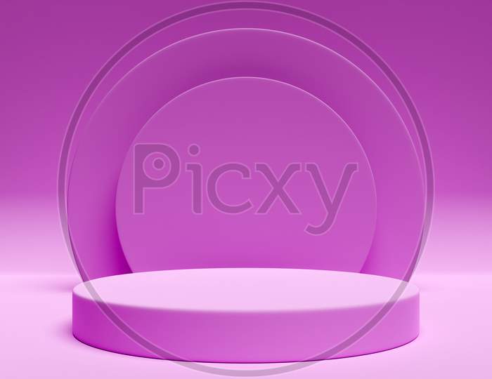 3D Illustration Of A  Pink Scene From A Circle With Round Arch At The Back On A  Pink  Background. A Close-Up Of A Round Monocrome Pedestal.