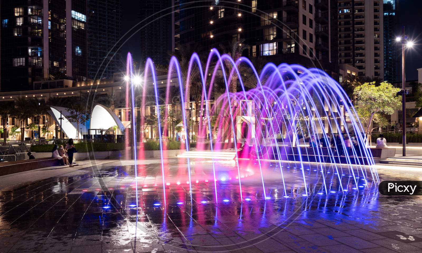 1St December 2020.Colorful Fountains At Dubai Creek Harbor With Embankment Promenade ,Hotels, Shops And Residences Captured In The Evening Time At The Dubai Creek Harbor, Ras Al Khor, Dubai , Uae.