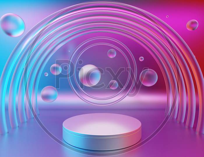 3D Illustration Of A  White  Scene Transparent Water Bubbles  And Arch In The Background On A   Gradient  Background. A Close-Up Of A Round Monocrome Pedestal.