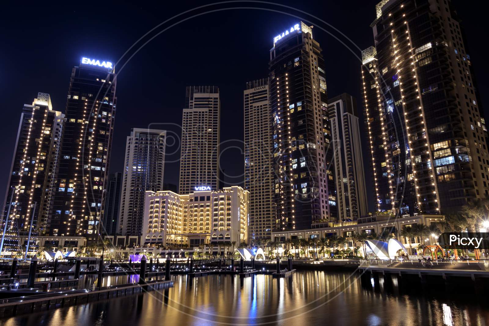 1St December 2020.Dubai Creek Harbor Skyline With Embankment Promenade And Beautifully Illuminated Hotels, Shops And Residences Captured At The Dubai Creek Harbor, Ras Al Khor, Dubai , Uae.