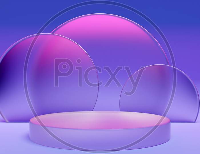 3D Illustration Of A  Purple Circle Podium Stand On The Background Of A Geometric Composition. 3D Rendering. Minimalism Geometry Background