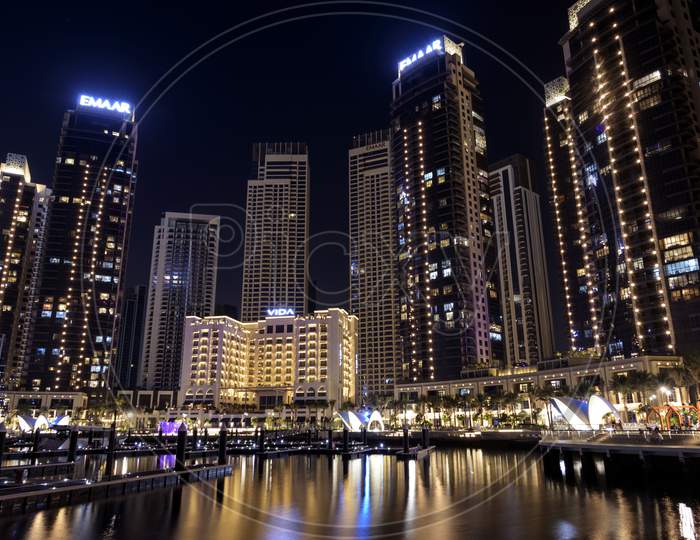 1St December 2020.Dubai Creek Harbor Skyline With Embankment Promenade And Beautifully Illuminated Hotels, Shops And Residences Captured At The Dubai Creek Harbor, Ras Al Khor, Dubai , Uae.