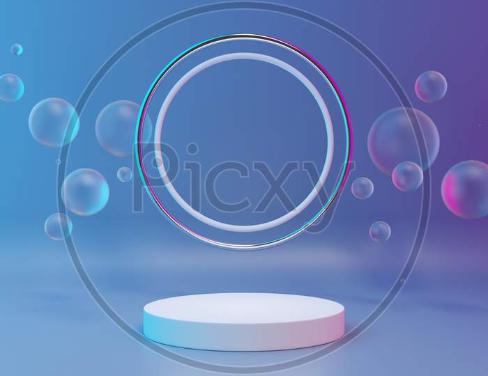 3D Illustration Abstract Minimal Scene With Transparent Water Bubbles In The Background  In The Background. Fiolet Podium On A Monochrome Background. Product Presentation, Mockup, Cosmetic Product Display, Podium, Pedestal Or Platform.