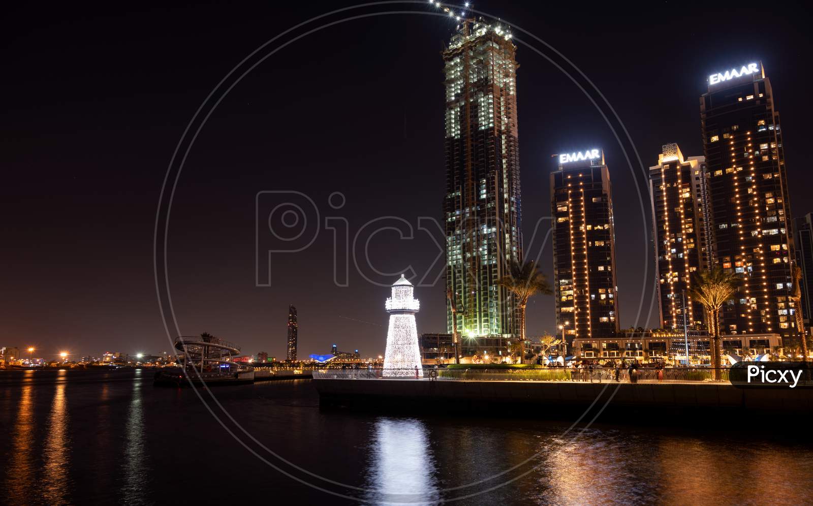 1St December 2020.Dubai Creek Harbor Skyline With Embankment Promenade And Dubai City Night Illumination Captured At The Dubai Creek Harbor, Ras Al Khor, Dubai , Uae.