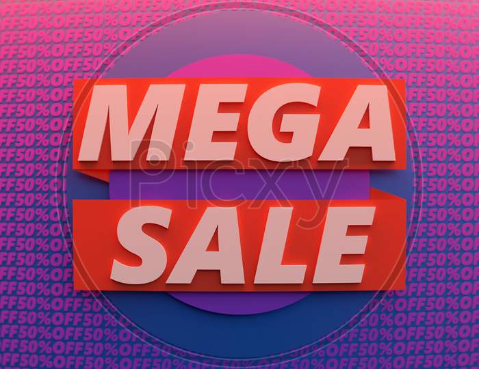 3D Illustration Of A Colorful Purple And Red Banner Geometric Sale Background. Mega Sale Discount Offer Design.Shop Or Online Shopping. Sticker, Badge Coupon Store