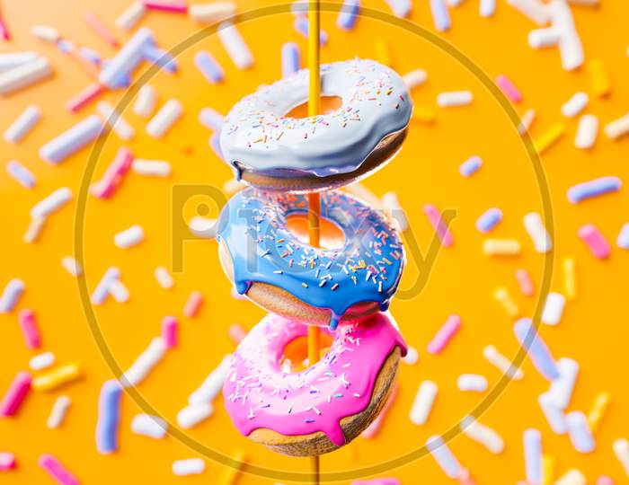 3D Illustration Of Three Multi-Colored Delicious Appetizing Donuts Levitate On A Yellow Tasty Background. Simple Modern Design. Realistic Illustration.