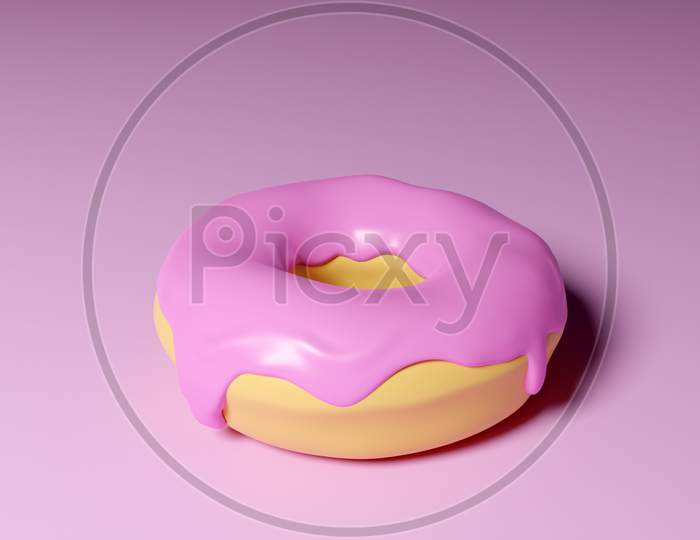 3D Illustration Of Realistic Pink Appetizing Donut On Pink Background. Simple Modern Design. Realistic  Illustration.