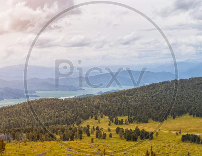 Autumn Landscape Mountain Altai Chemalsky District: High Mountains, Covered With Pine And Cedar, Covered With Clouds.  Panorama Of Mountains.