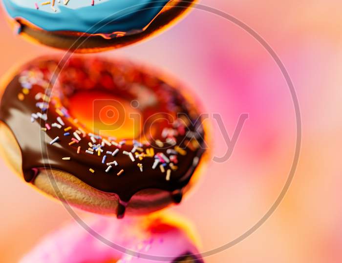 3D Illustration Of Three Multi-Colored Delicious Appetizing Donuts Levitate On A Blurred  Background. Simple Modern Design. Realistic Illustration.