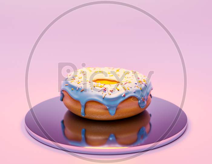 3D Illustration Of Realistic White  Appetizing Donut  With Sprinkles On Plate On Pink Background. Simple Modern Design. Realistic  Illustration.
