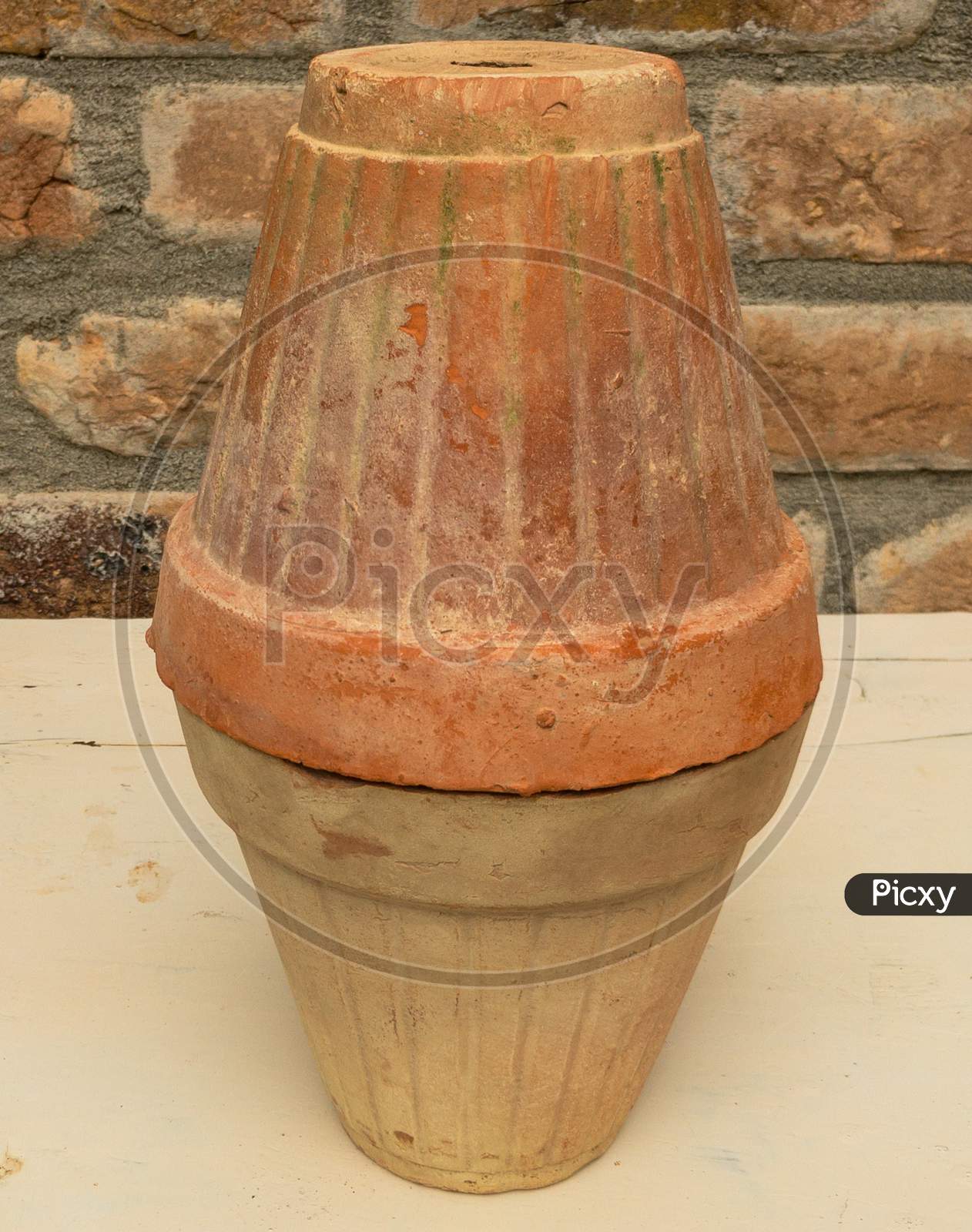 Image of Clay Pot Placed Upside Down On Anther Pot. Aged Terracotta ...