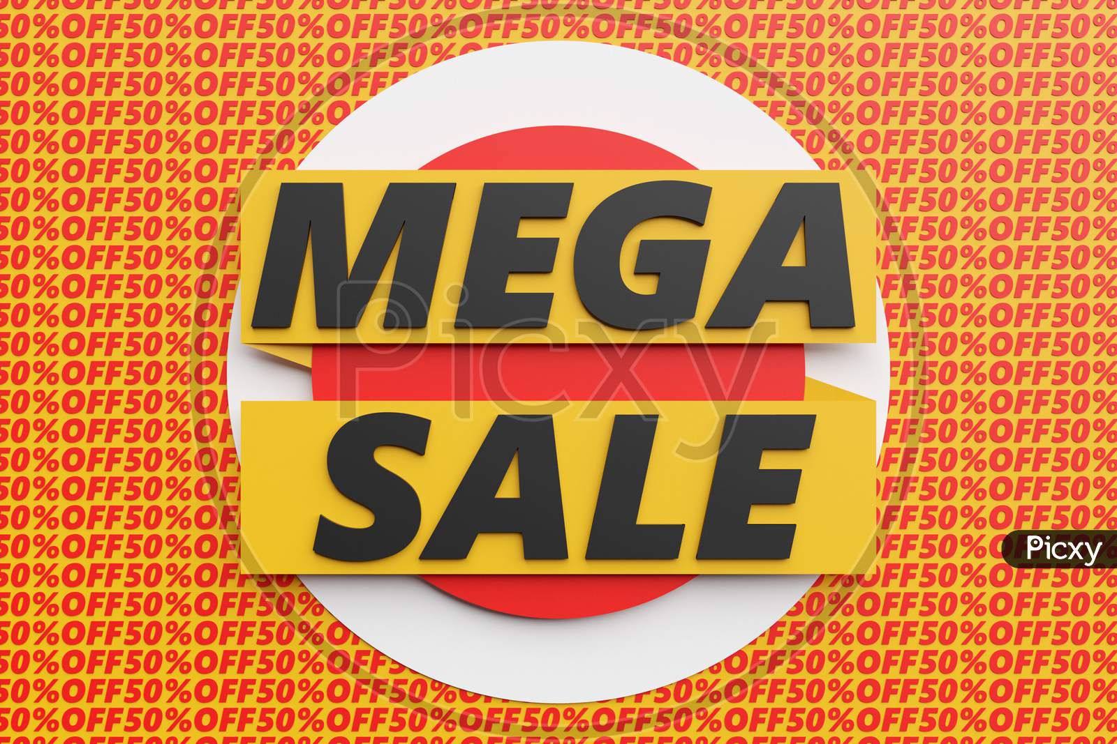 3D Illustration Design Of A Banner On A Yellow Ribbon For Mega Big Sales With The Inscription Sale. Tag Templates With Special Offers For Purchase