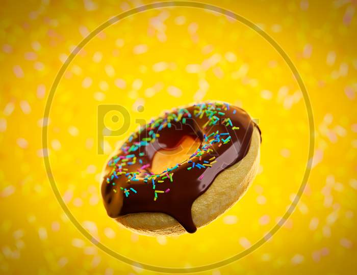 3D Illustration Of Realistic Chocolate  Appetizing Donut  With Sprinkles  Fly On Yellow  Background. Simple Modern Design. Realistic  Illustration.