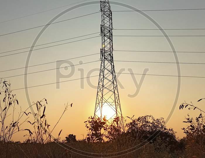 Sunset Light through power line , India, Gujarat