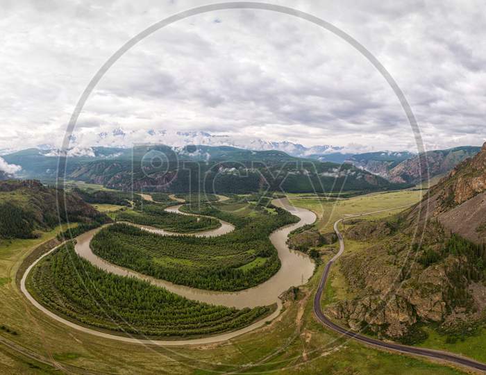 A Landscape View Of Beautiful Fresh Green Forest, Road  Chui Tract And  Altai Mountain Background.  Panoramic View Of Beautiful Green Forest In The Altai Mountains