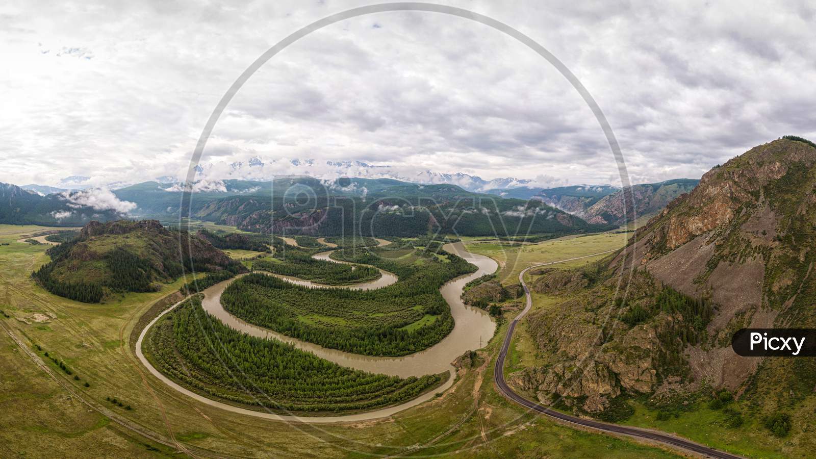 A Landscape View Of Beautiful Fresh Green Forest, Road  Chui Tract And  Altai Mountain Background.  Panoramic View Of Beautiful Green Forest In The Altai Mountains