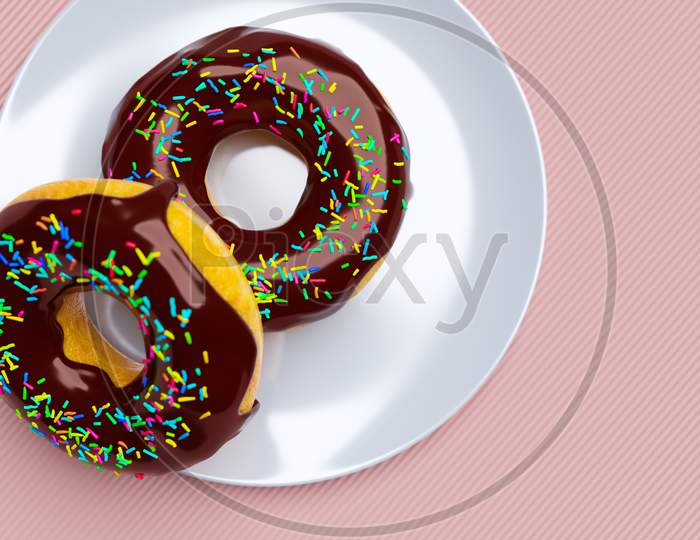3D Illustration Of Two Chocolate Donuts With Multicolored Sprinkles On A White  Classic Plate, Isolated On A Pink  Background. Cute, Colorful And Glossy Donuts With Dark Glaze And Multi-Colored Powder. Simple Modern Design.