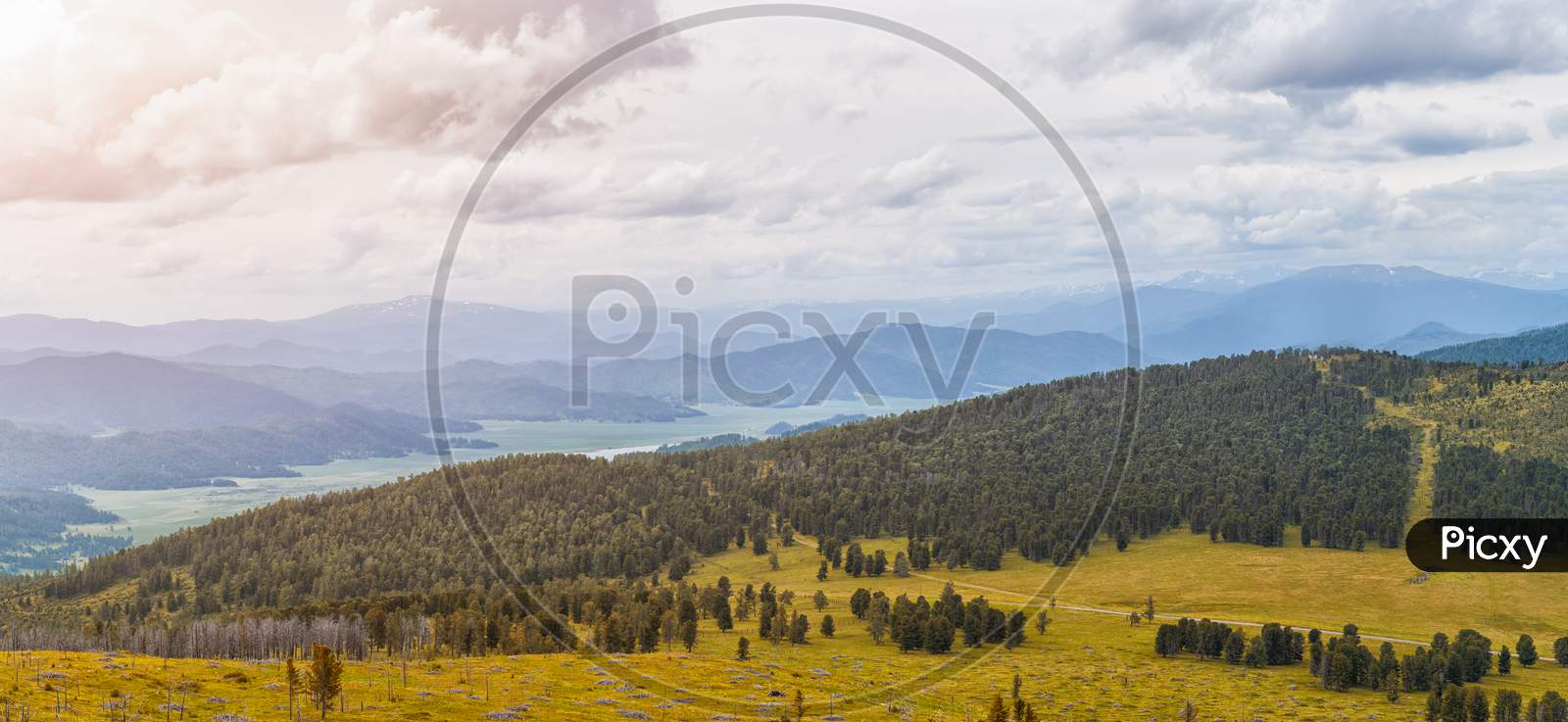 Autumn Landscape Mountain Altai Chemalsky District: High Mountains, Covered With Pine And Cedar, Covered With Clouds.  Panorama Of Mountains.