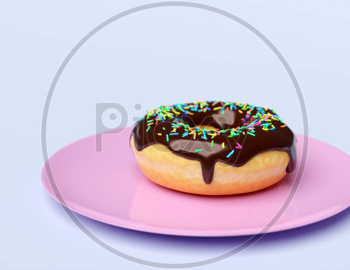 3D Illustration Chocolate Donut With Multicolored Sprinkles On A Pink  Classic Plate, Isolated On A Light Background. A Cute, Colorful And Glossy Donut With Dark Icing And Multi-Colored Powder. Simple Modern Design.