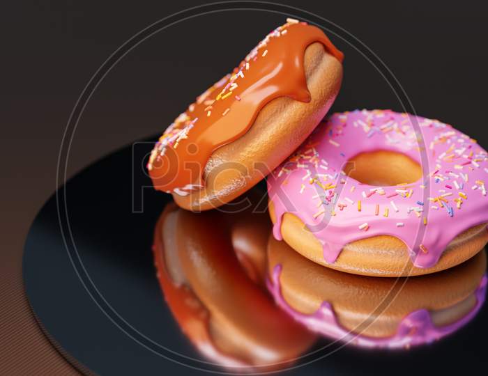 3D Illustration Of Two  Pink And Brown  Donuts With Multicolored Sprinkles On A Black  Plate, Isolated On A Brown   Background. Cute, Colorful And Glossy Donuts With  Glaze And Multi-Colored Powder. Simple Modern Design.